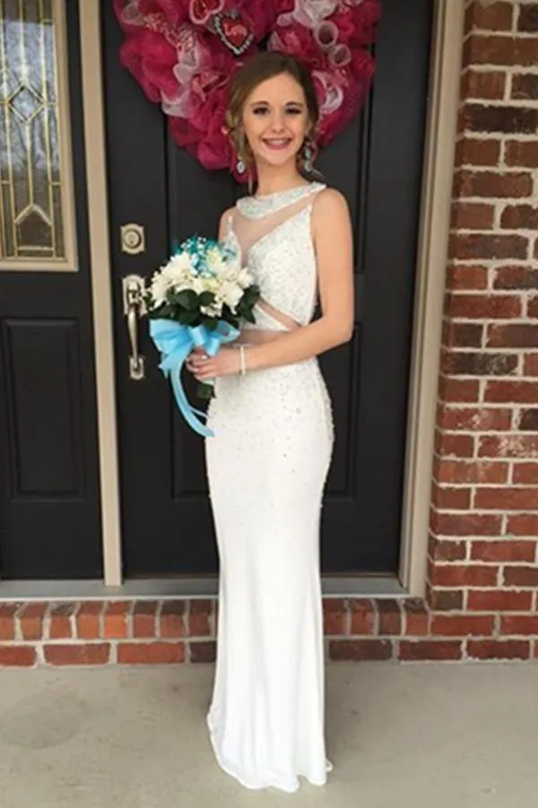 White Sequin Shiny Long Elegant Beaded Mermaid Party Prom Dresses PFP1145