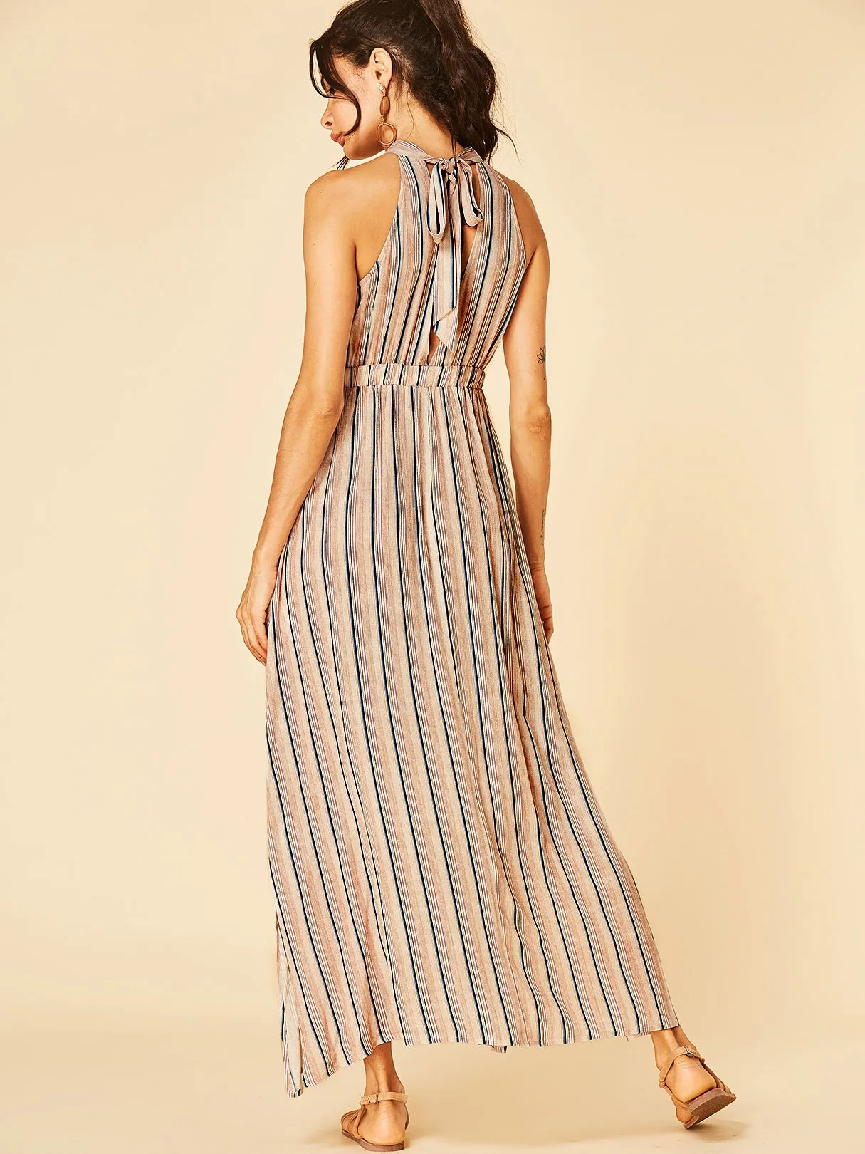 Wholesale Khaki Halter Sleeveless Stripe Cut Out Self-Tie Slit Hem Casual Dress