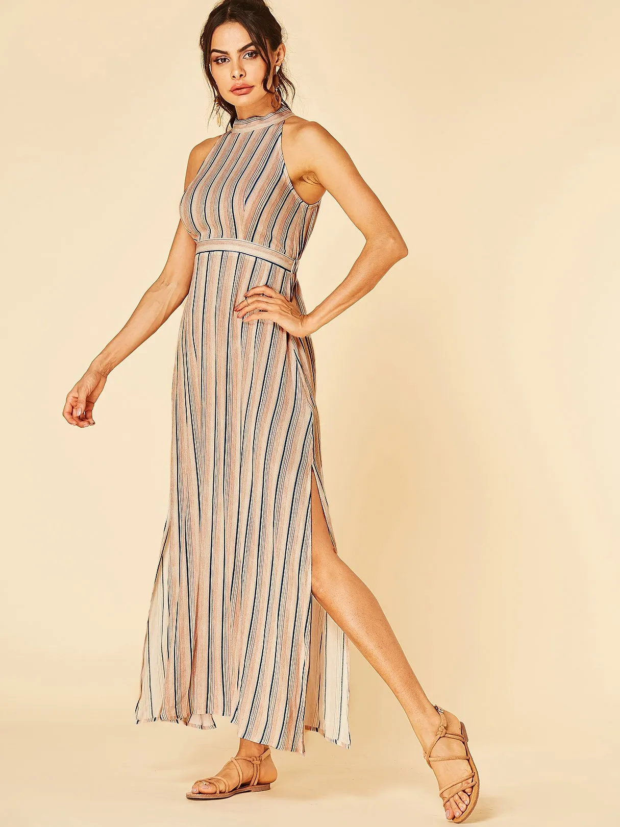 Wholesale Khaki Halter Sleeveless Stripe Cut Out Self-Tie Slit Hem Casual Dress