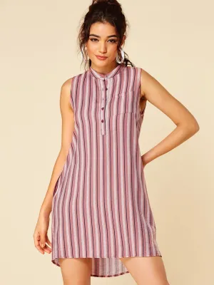 Wholesale Pink Round Neck Sleeveless Stripe High-Low Hem Casual Dress