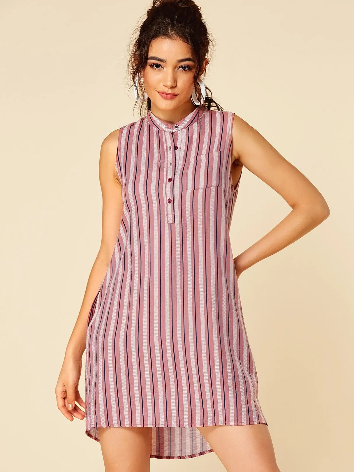 Wholesale Pink Round Neck Sleeveless Stripe High-Low Hem Casual Dress