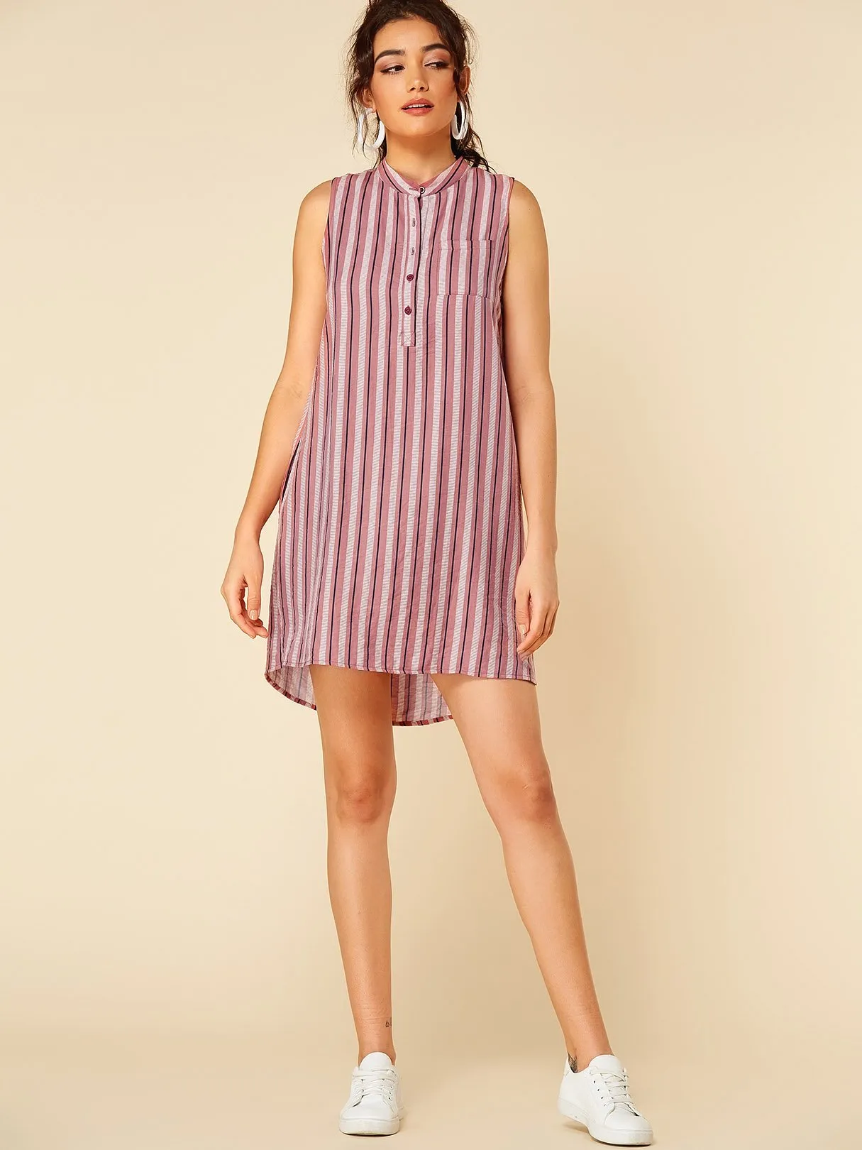Wholesale Pink Round Neck Sleeveless Stripe High-Low Hem Casual Dress