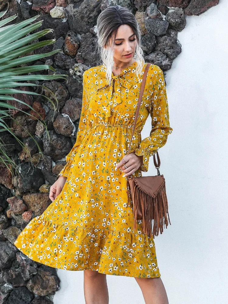 Women Clothing New Bow Long Sleeve Dress for Spring Summer Fashion Print Lacy Long Skirt Casual Resort Womenswear Womens Dresses