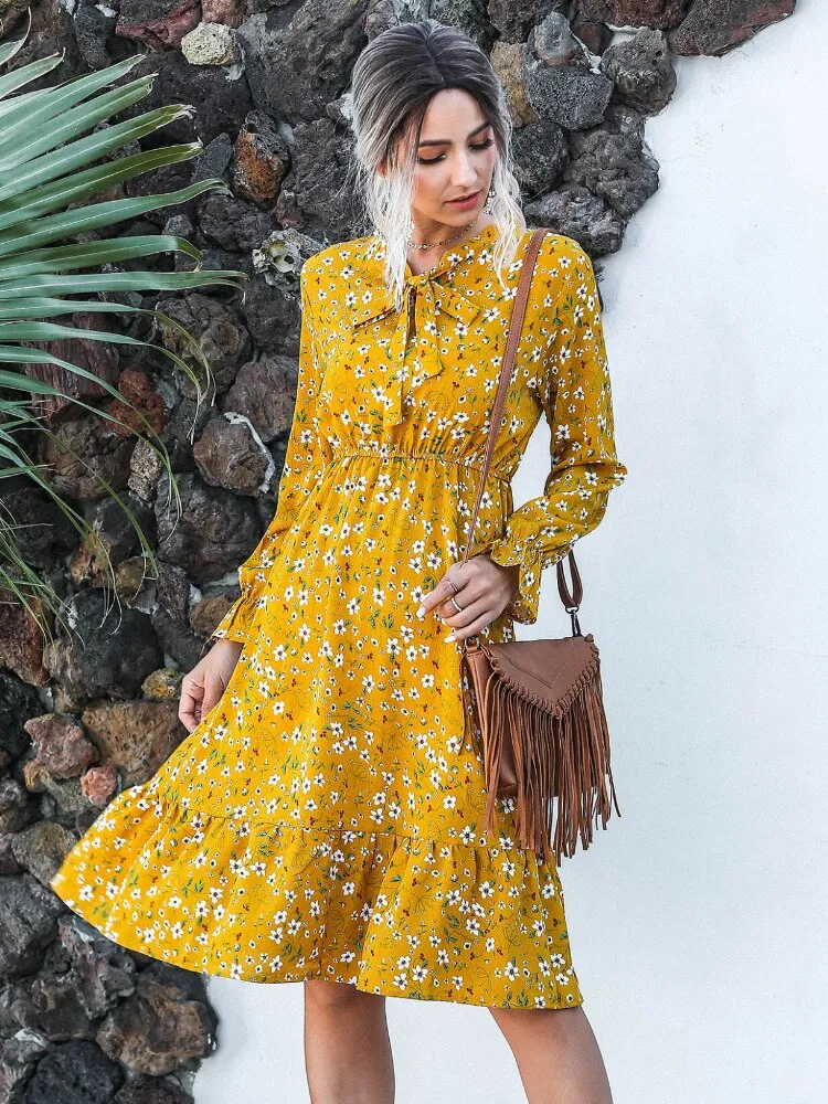 Women Clothing New Bow Long Sleeve Dress for Spring Summer Fashion Print Lacy Long Skirt Casual Resort Womenswear Womens Dresses