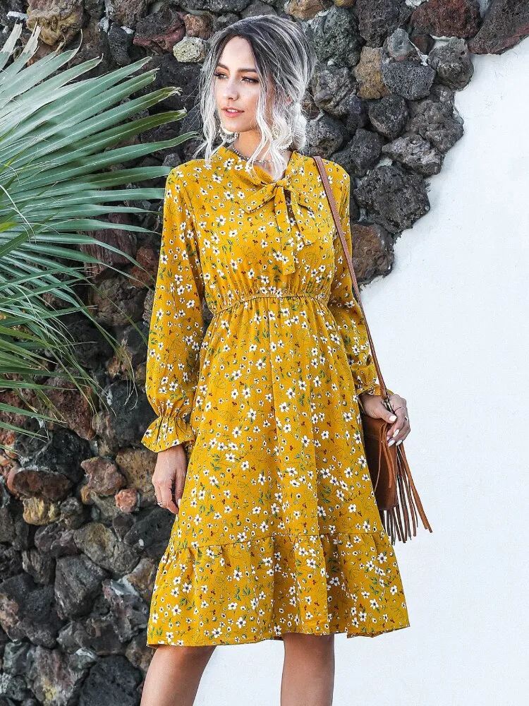 Women Clothing New Bow Long Sleeve Dress for Spring Summer Fashion Print Lacy Long Skirt Casual Resort Womenswear Womens Dresses