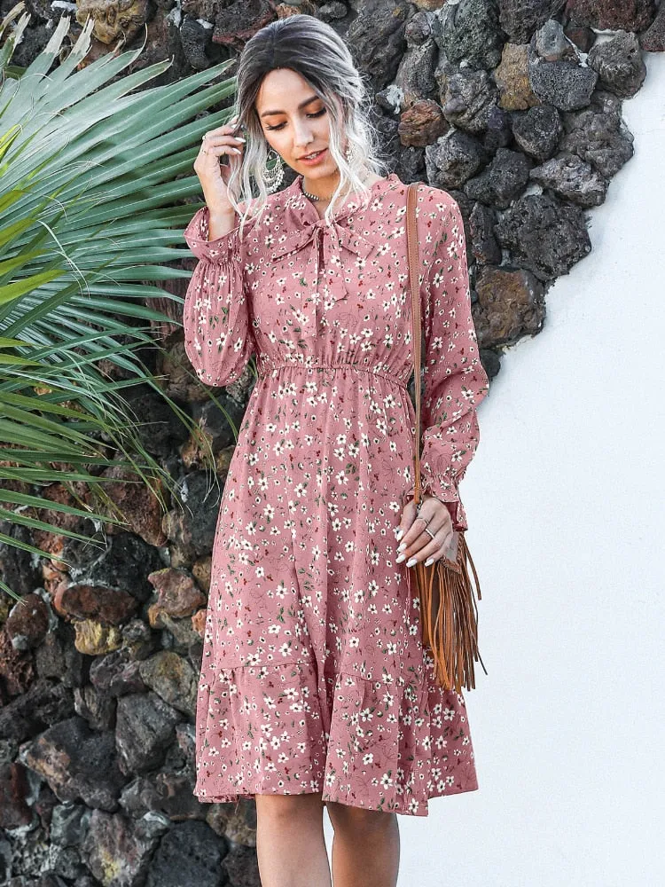 Women Clothing New Bow Long Sleeve Dress for Spring Summer Fashion Print Lacy Long Skirt Casual Resort Womenswear Womens Dresses