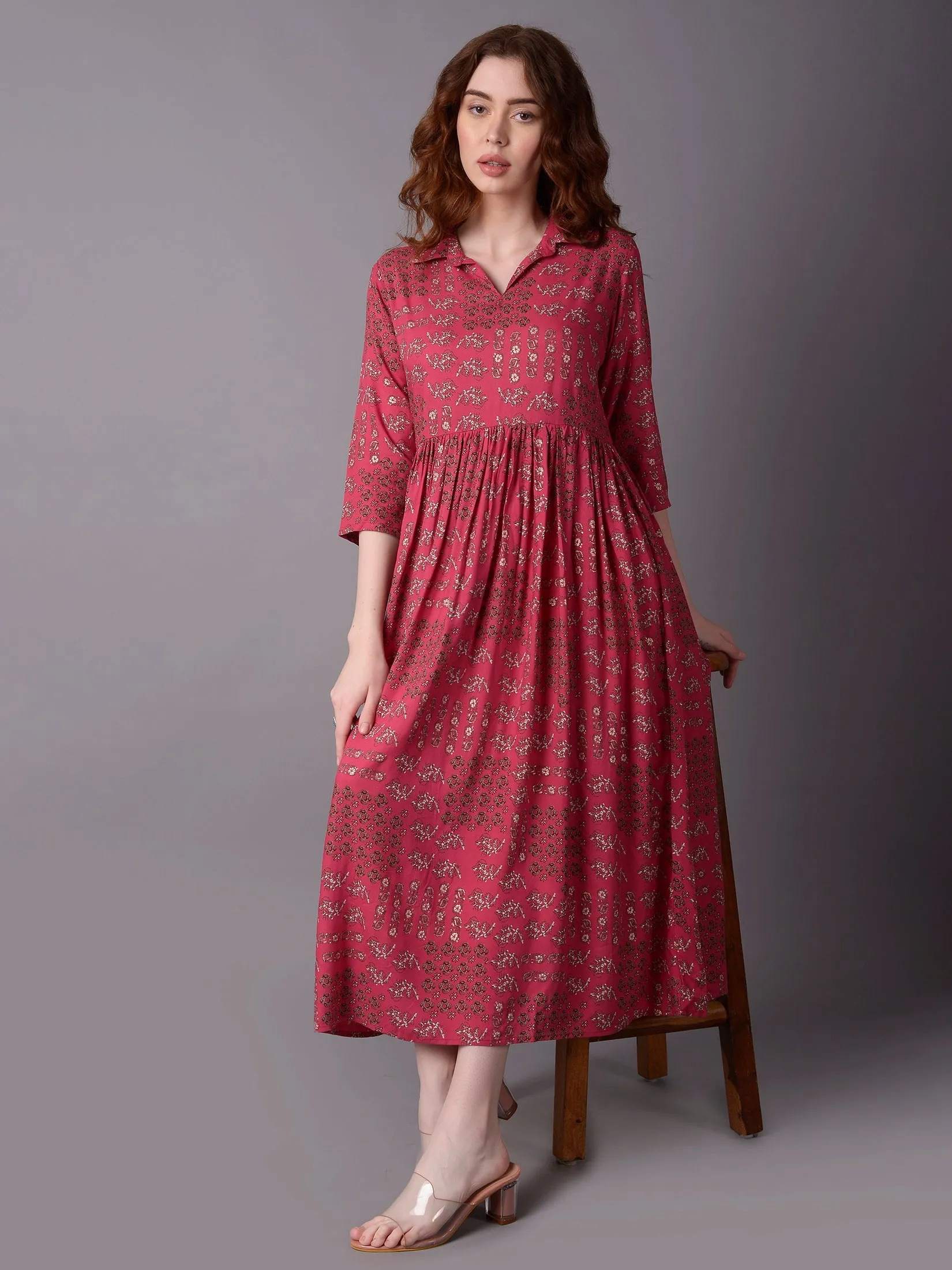 Women Pink Floral 3/4 Sleeve Dress