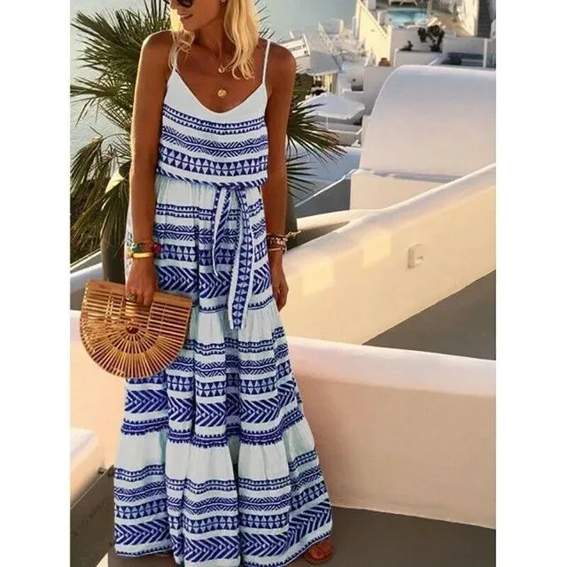 Women Summer Boho Long Maxi Dress Lady Holiday Beachwear Swing Sundress Strappy Loose Dresses