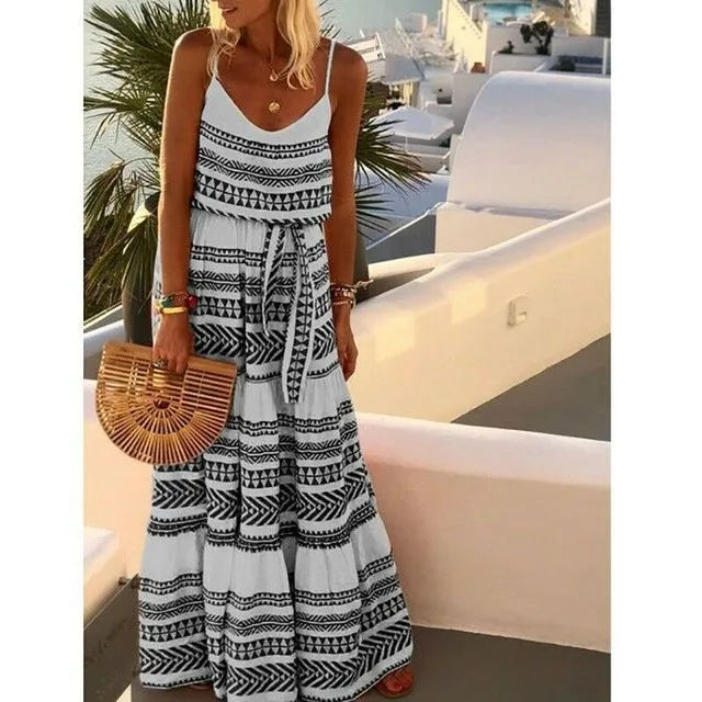 Women Summer Boho Long Maxi Dress Lady Holiday Beachwear Swing Sundress Strappy Loose Dresses