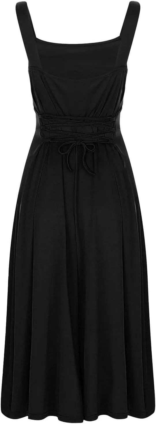 Women's 2025 Summer Sleeveless Midi Dress Square Neck Drawstring Waist Flowy A Line Beach Dresses Tank Dresses for Women