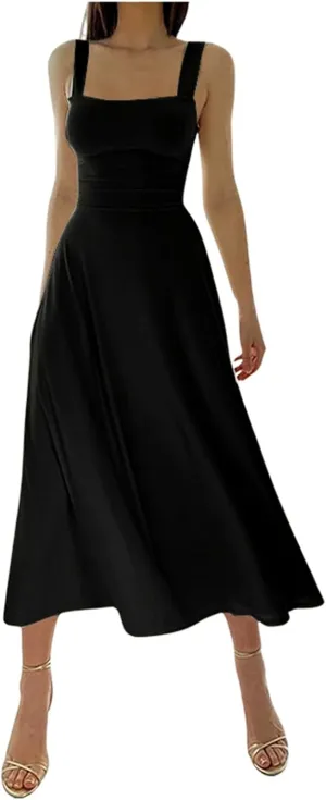 Women's 2025 Summer Sleeveless Midi Dress Square Neck Drawstring Waist Flowy A Line Beach Dresses Tank Dresses for Women