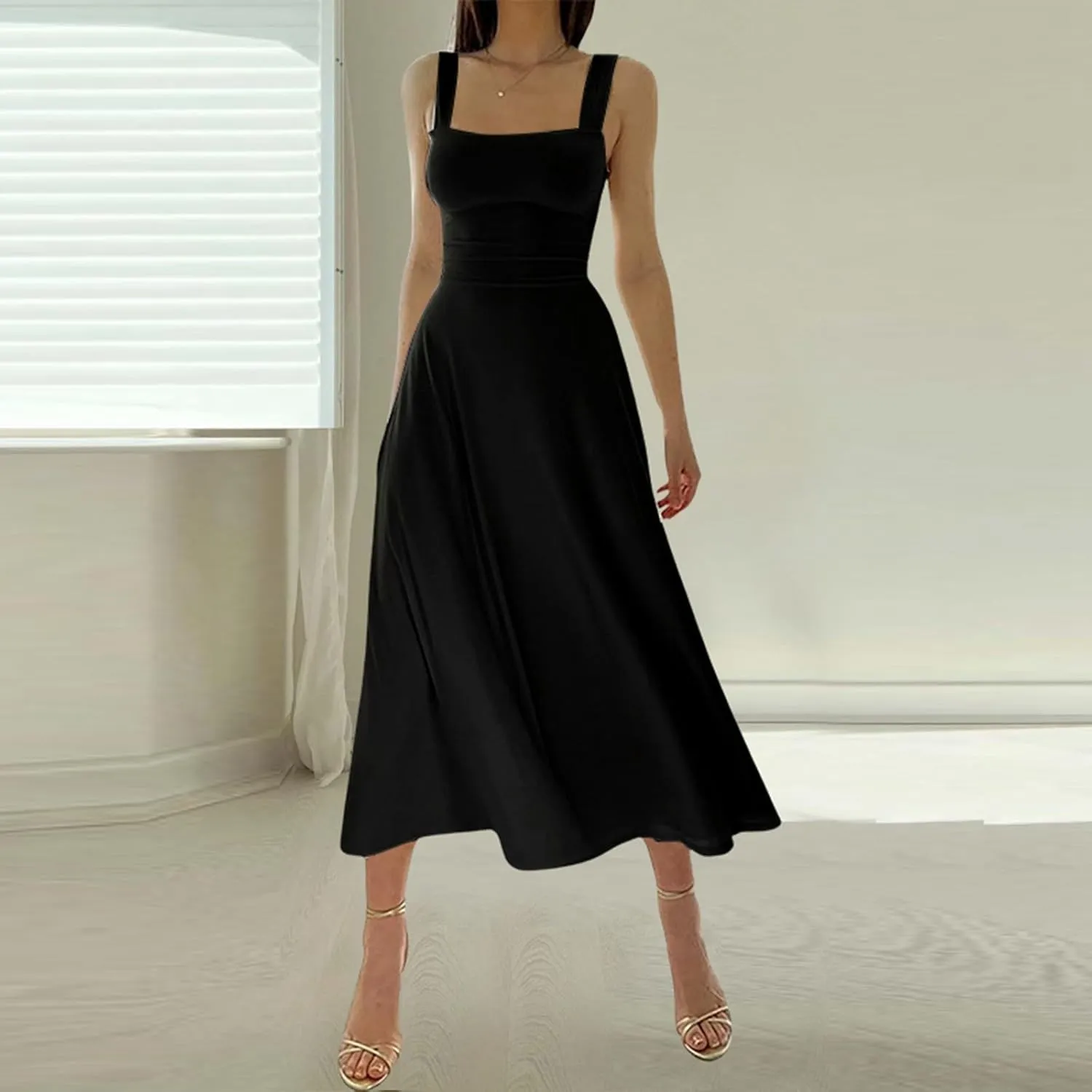 Women's 2025 Summer Sleeveless Midi Dress Square Neck Drawstring Waist Flowy A Line Beach Dresses Tank Dresses for Women