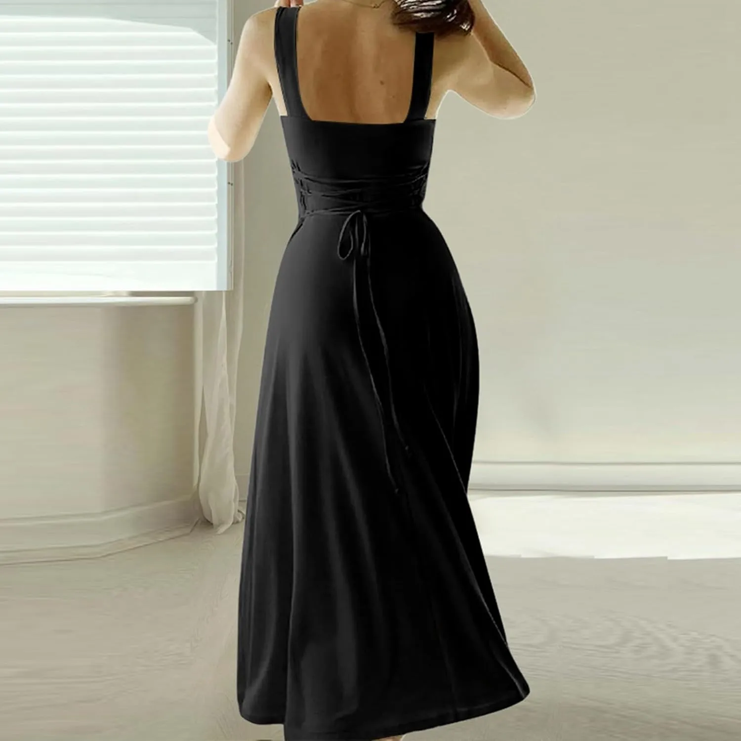 Women's 2025 Summer Sleeveless Midi Dress Square Neck Drawstring Waist Flowy A Line Beach Dresses Tank Dresses for Women