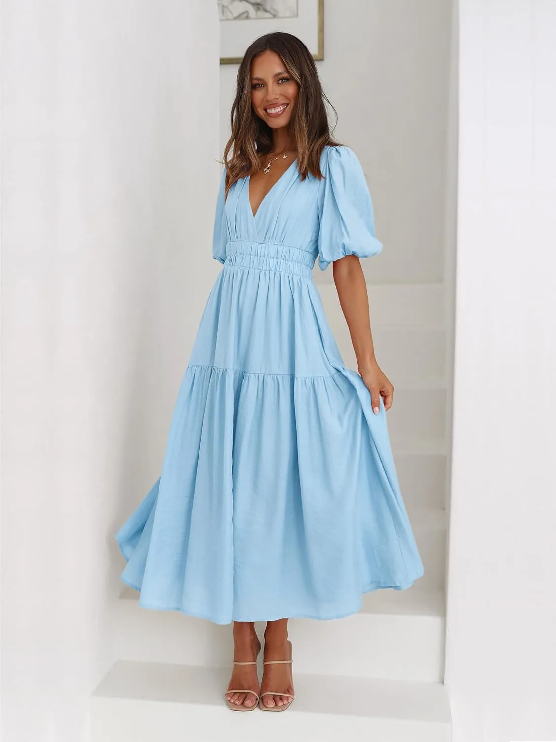 Womens Deep V Neck Puff Short Sleeve Tired Maxi Dress Boho Long Flowy Summer Dresses