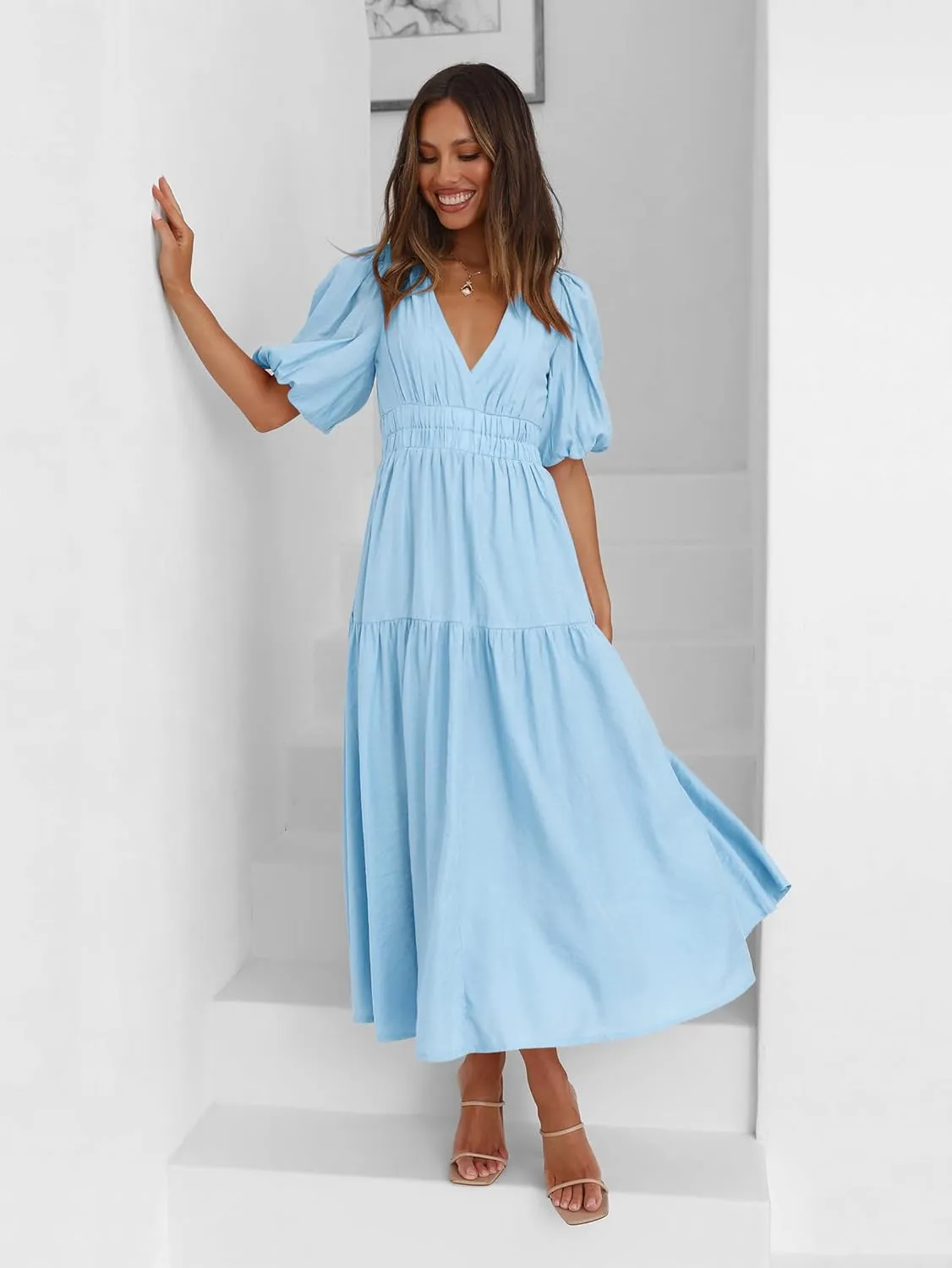 Womens Deep V Neck Puff Short Sleeve Tired Maxi Dress Boho Long Flowy Summer Dresses