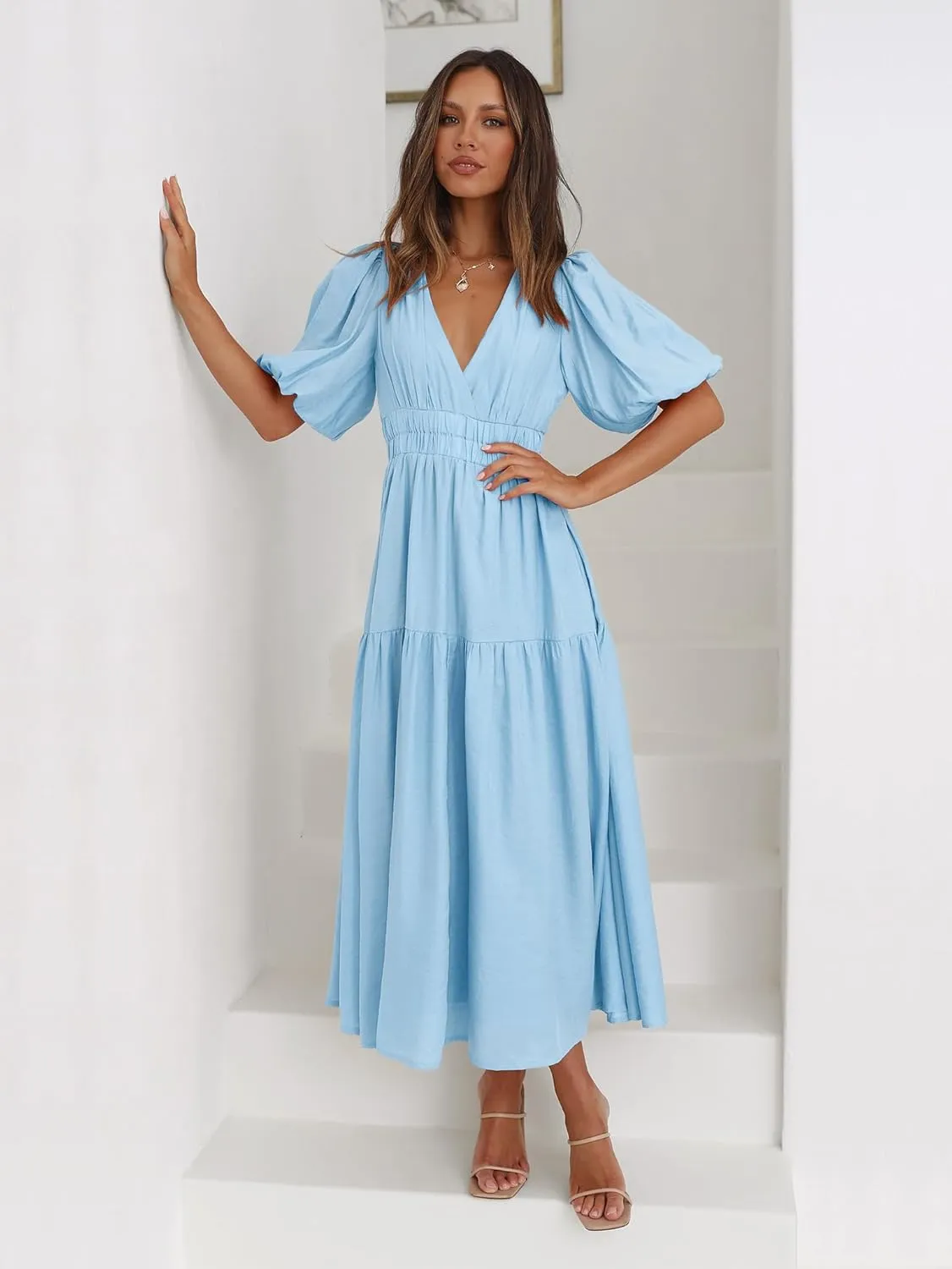 Womens Deep V Neck Puff Short Sleeve Tired Maxi Dress Boho Long Flowy Summer Dresses