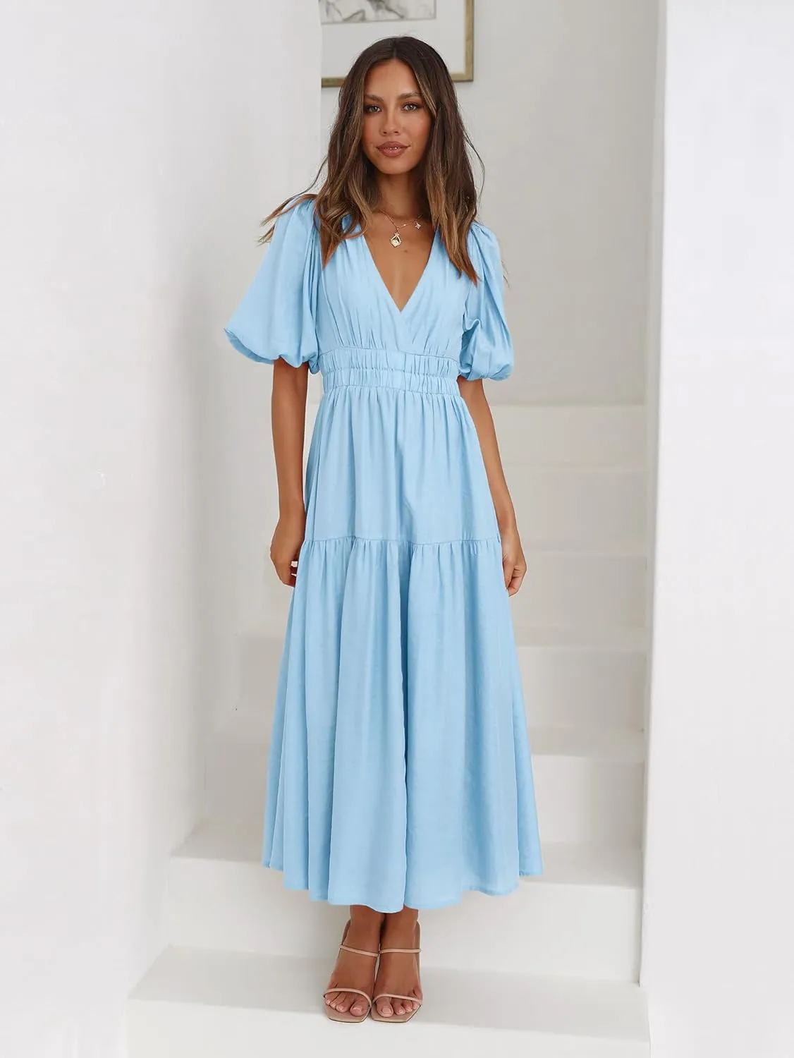 Womens Deep V Neck Puff Short Sleeve Tired Maxi Dress Boho Long Flowy Summer Dresses