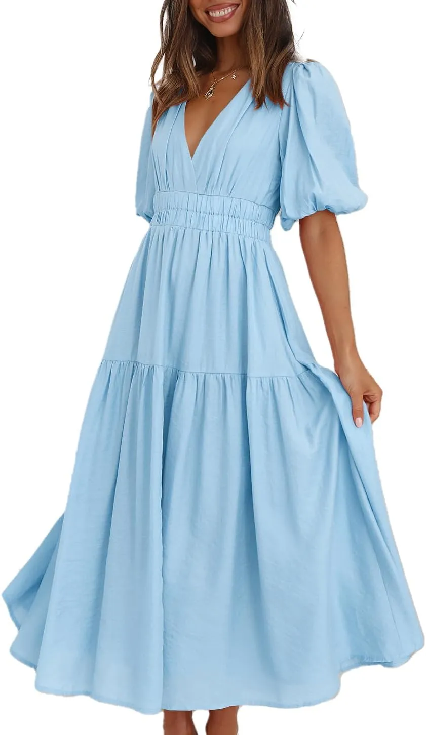 Womens Deep V Neck Puff Short Sleeve Tired Maxi Dress Boho Long Flowy Summer Dresses