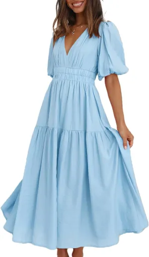 Womens Deep V Neck Puff Short Sleeve Tired Maxi Dress Boho Long Flowy Summer Dresses