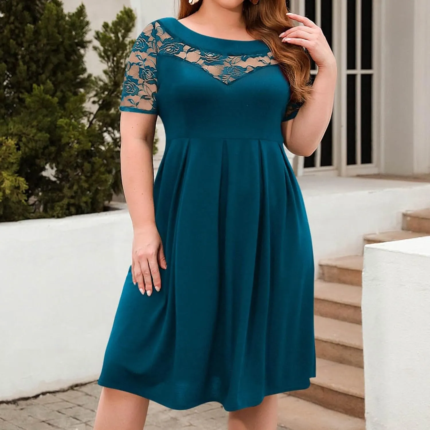 Women's Plus Size Short Sleeve Lace Midi Dress Pleated Casual Summer Flowy Dress with Pockets Petite Maxi Dresses