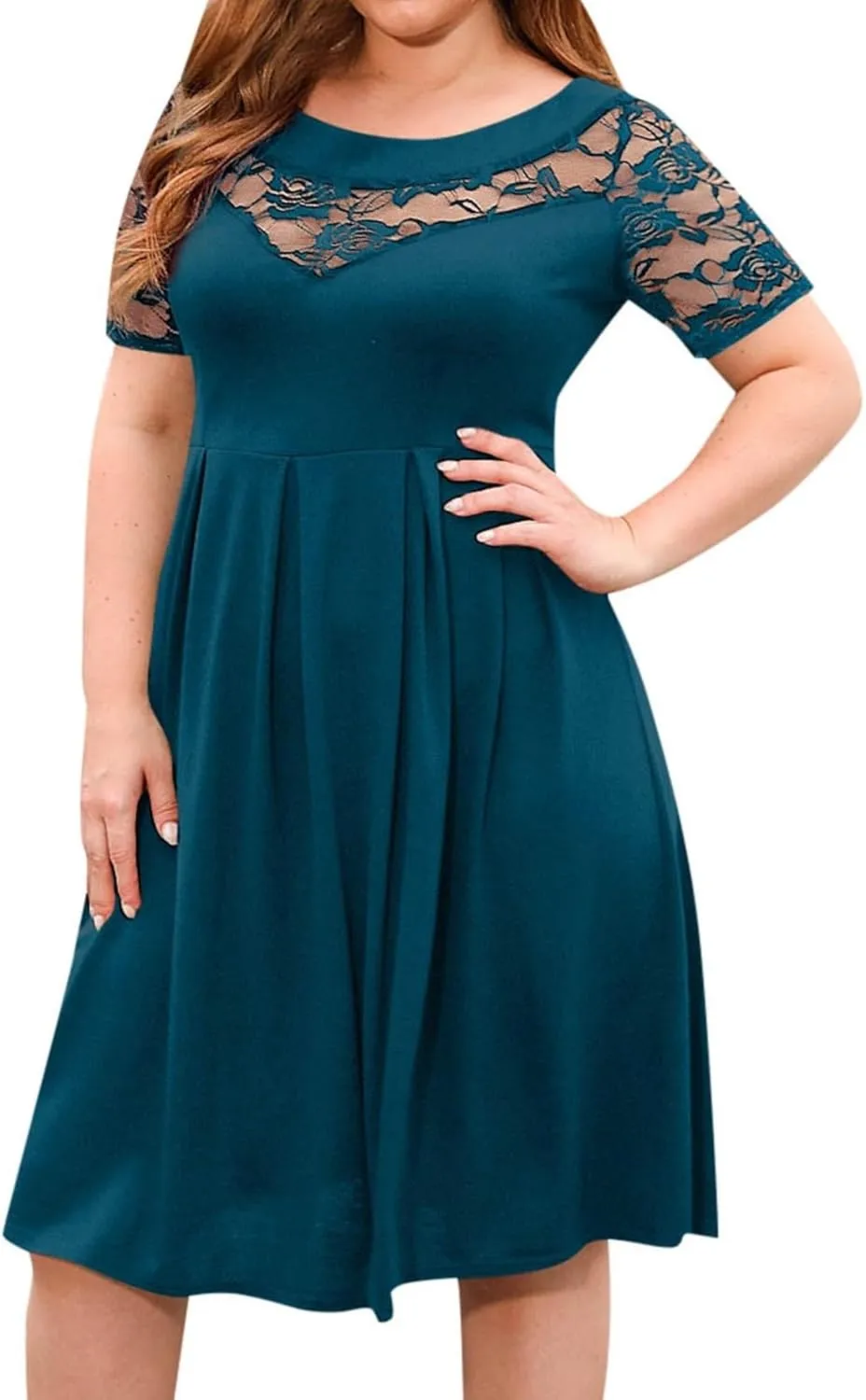 Women's Plus Size Short Sleeve Lace Midi Dress Pleated Casual Summer Flowy Dress with Pockets Petite Maxi Dresses