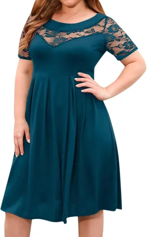 Women's Plus Size Short Sleeve Lace Midi Dress Pleated Casual Summer Flowy Dress with Pockets Petite Maxi Dresses
