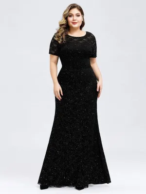 Women's See-through Round Neck Sparkly Lace Evening Maxi Dress