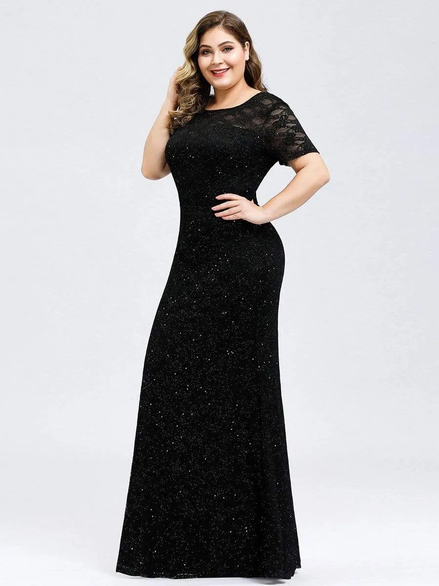 Women's See-through Round Neck Sparkly Lace Evening Maxi Dress