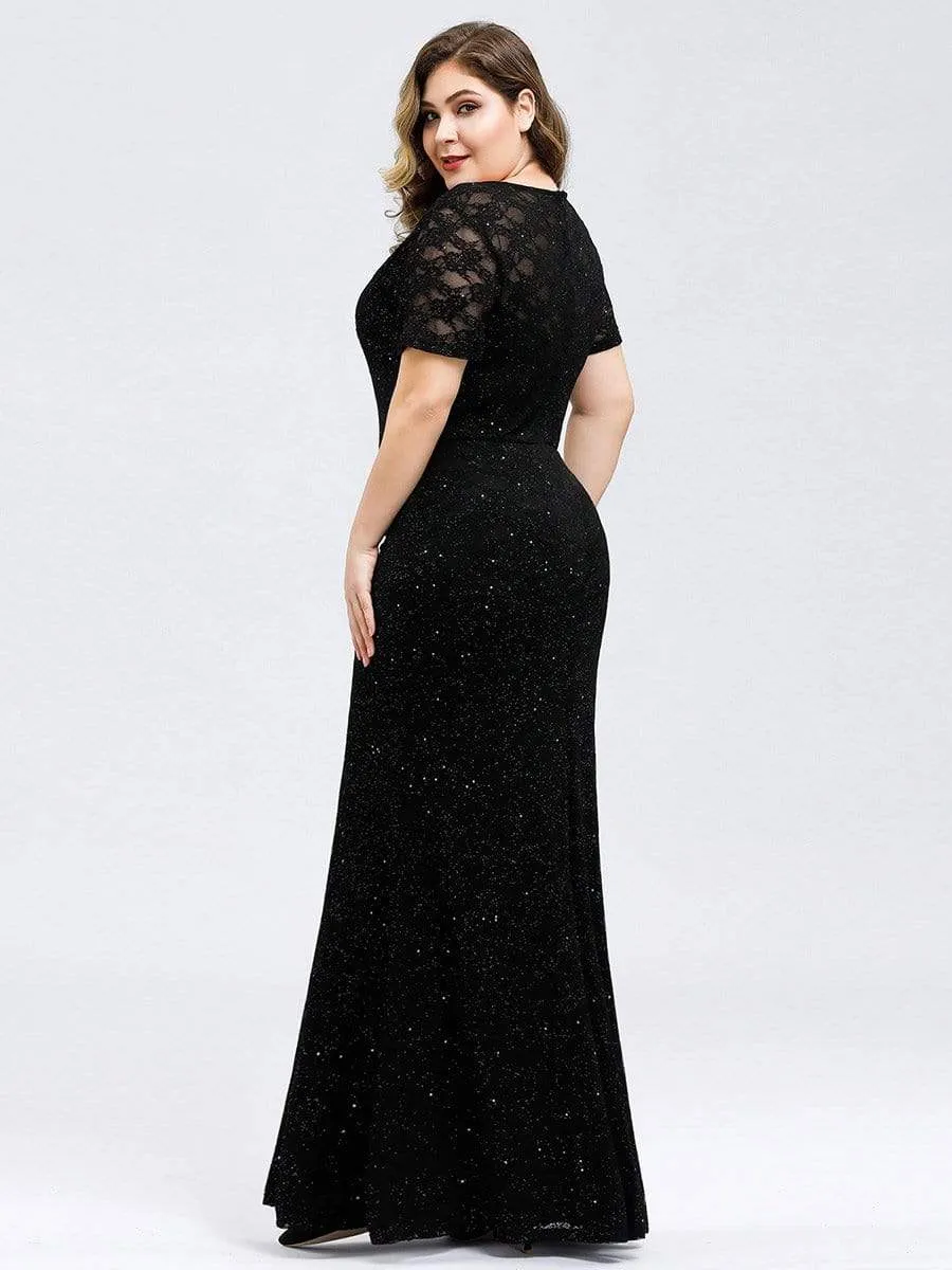 Women's See-through Round Neck Sparkly Lace Evening Maxi Dress