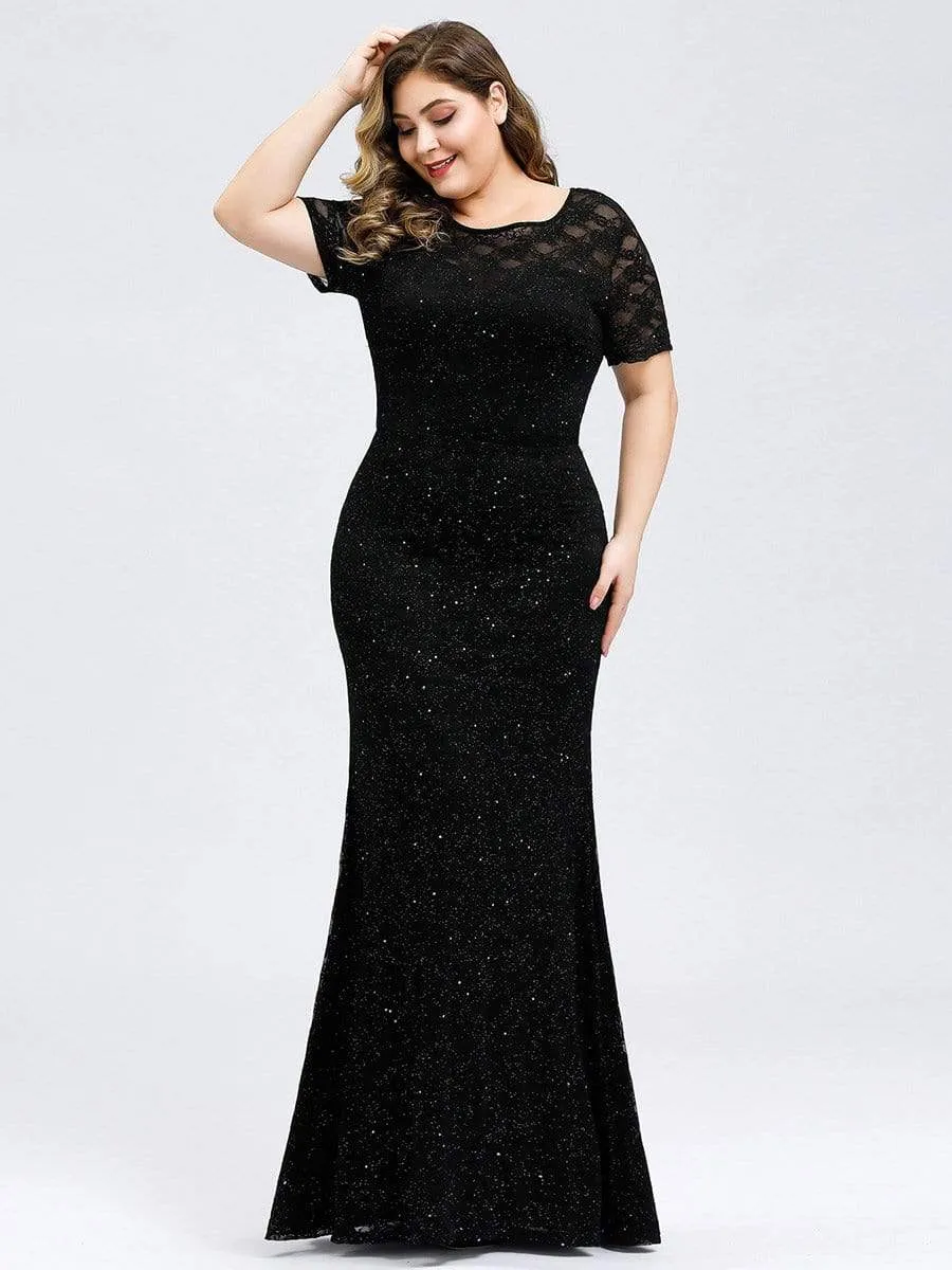 Women's See-through Round Neck Sparkly Lace Evening Maxi Dress