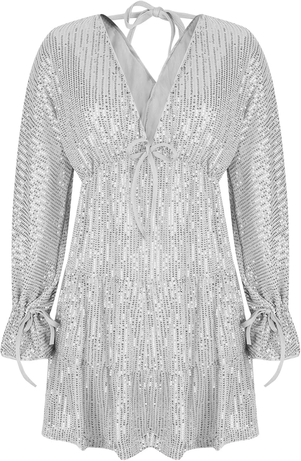Women's Sequin Sparkly Glitter Dress Sexy V Neck Ruffle Long Sleeve Mini Dress Elegant Party Club Dress