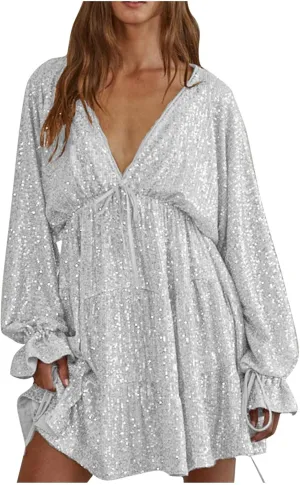 Women's Sequin Sparkly Glitter Dress Sexy V Neck Ruffle Long Sleeve Mini Dress Elegant Party Club Dress