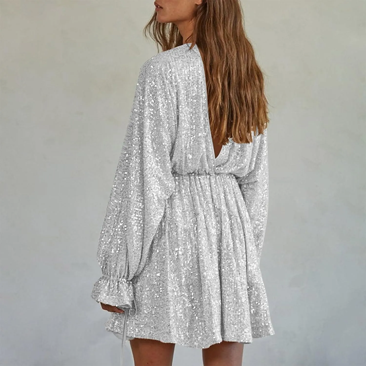 Women's Sequin Sparkly Glitter Dress Sexy V Neck Ruffle Long Sleeve Mini Dress Elegant Party Club Dress