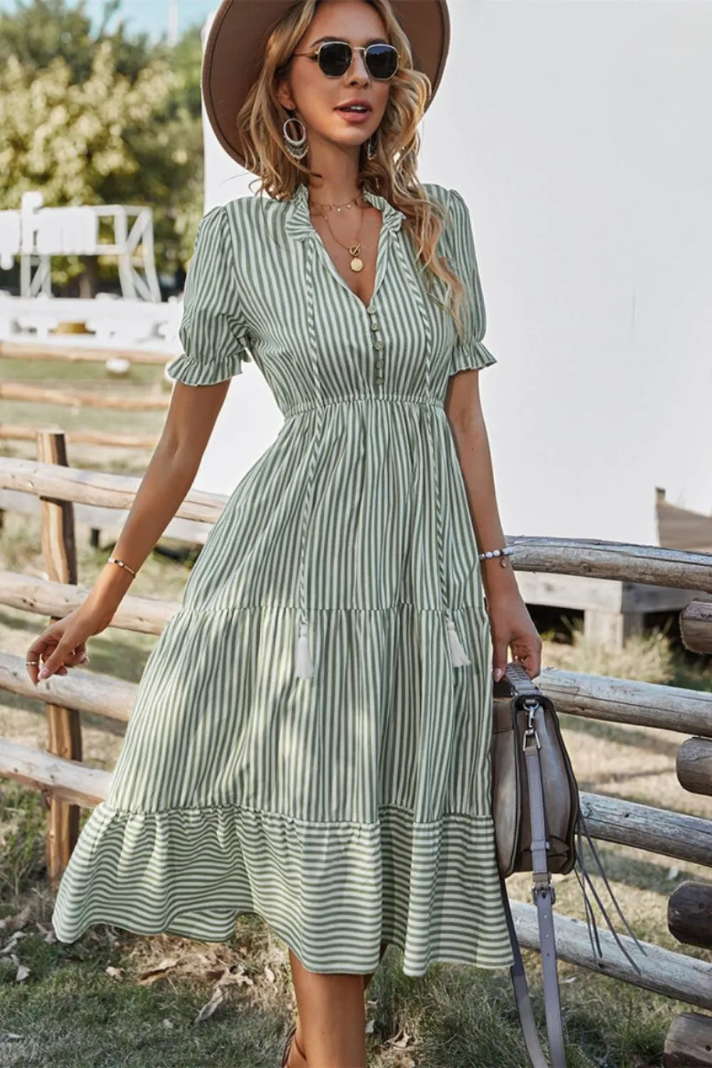 Women's Striped Midi Dress - V-Neck Button Down - Ruffle Short Sleeve - Tassel Waist