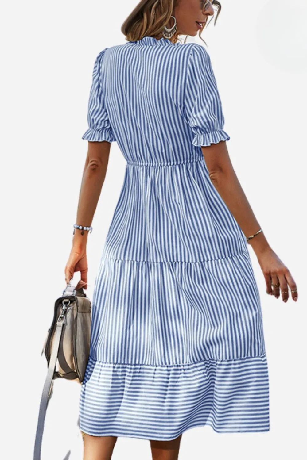 Women's Striped Midi Dress - V-Neck Button Down - Ruffle Short Sleeve - Tassel Waist