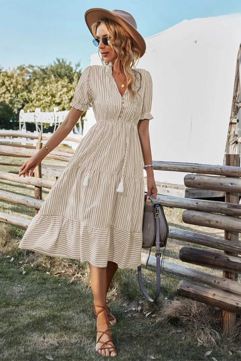 Women's Striped Midi Dress - V-Neck Button Down - Ruffle Short Sleeve - Tassel Waist