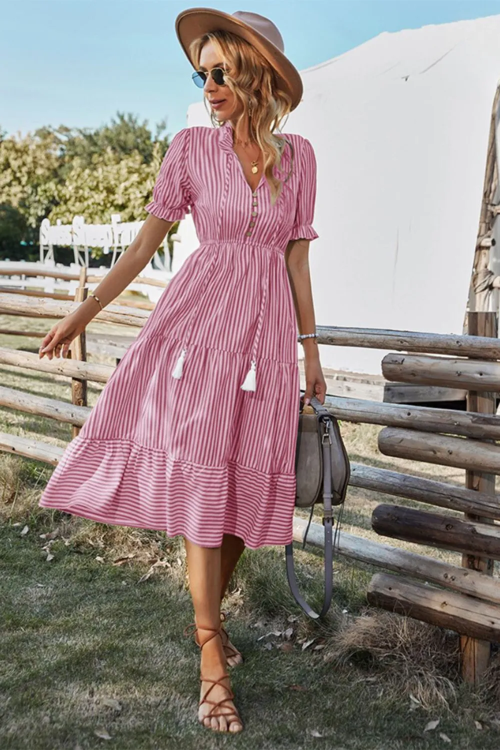 Women's Striped Midi Dress - V-Neck Button Down - Ruffle Short Sleeve - Tassel Waist