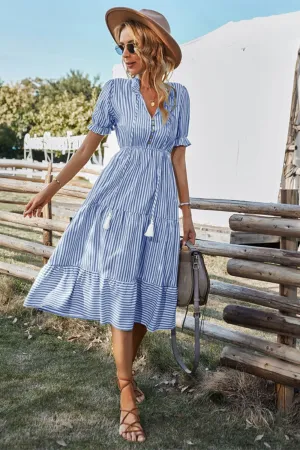 Women's Striped Midi Dress - V-Neck Button Down - Ruffle Short Sleeve - Tassel Waist