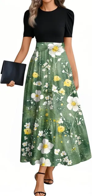 Women's Summer Short Sleeve Maxi Dress 2025 Casual Crewneck Pleated A Line Flowy Long Dresses