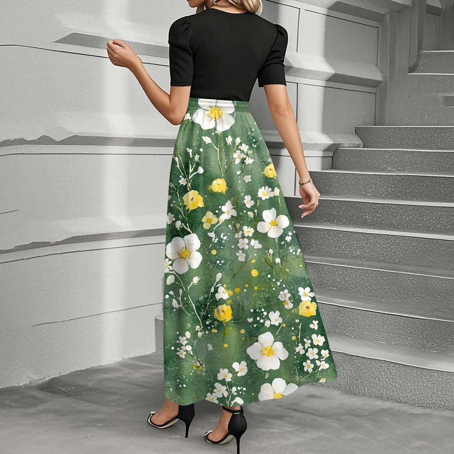 Women's Summer Short Sleeve Maxi Dress 2025 Casual Crewneck Pleated A Line Flowy Long Dresses