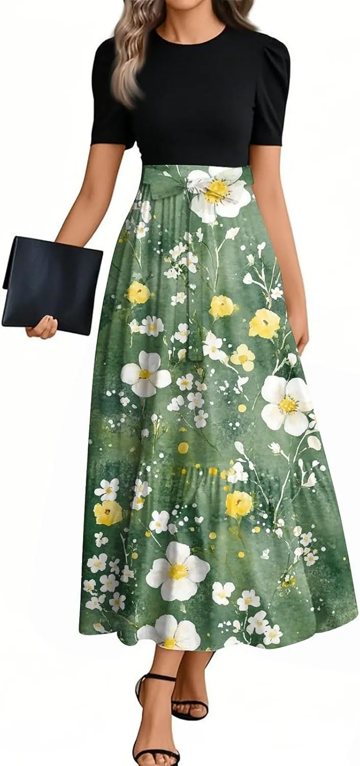 Women's Summer Short Sleeve Maxi Dress 2025 Casual Crewneck Pleated A Line Flowy Long Dresses
