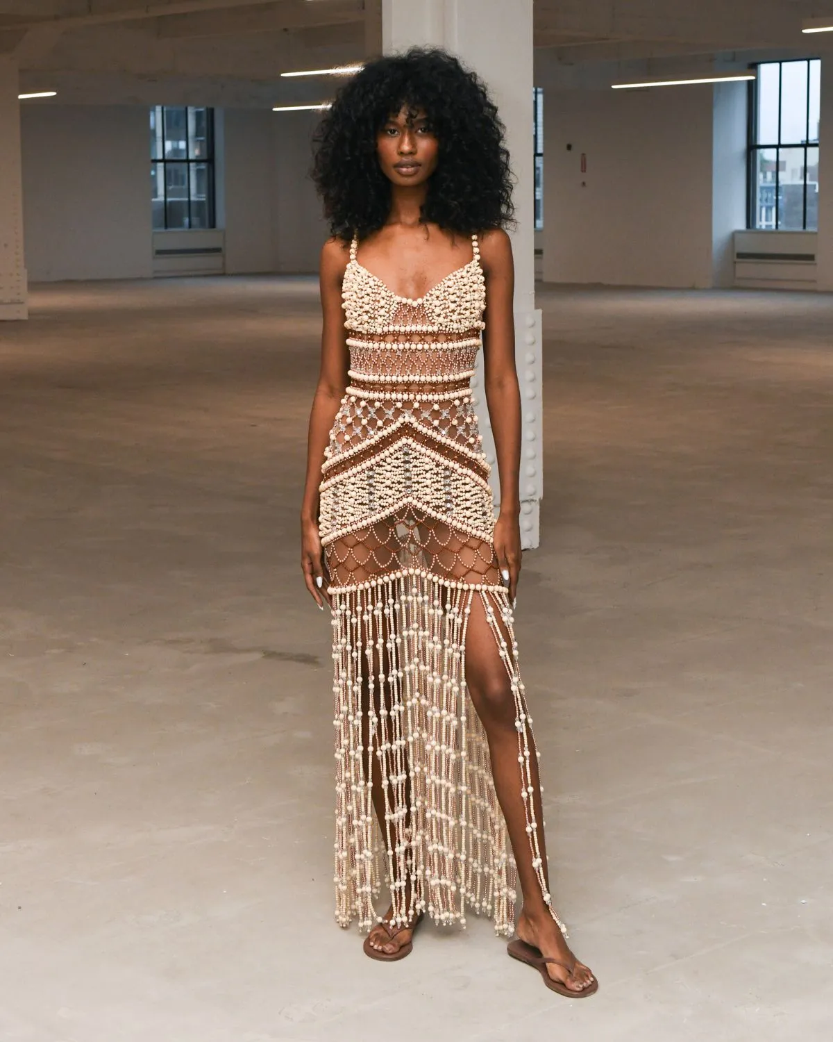 Wood and Crystal Beaded Gown