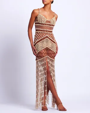 Wood and Crystal Beaded Gown