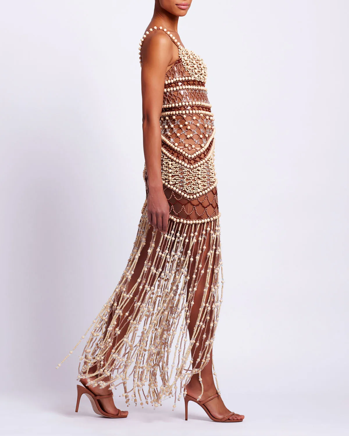 Wood and Crystal Beaded Gown