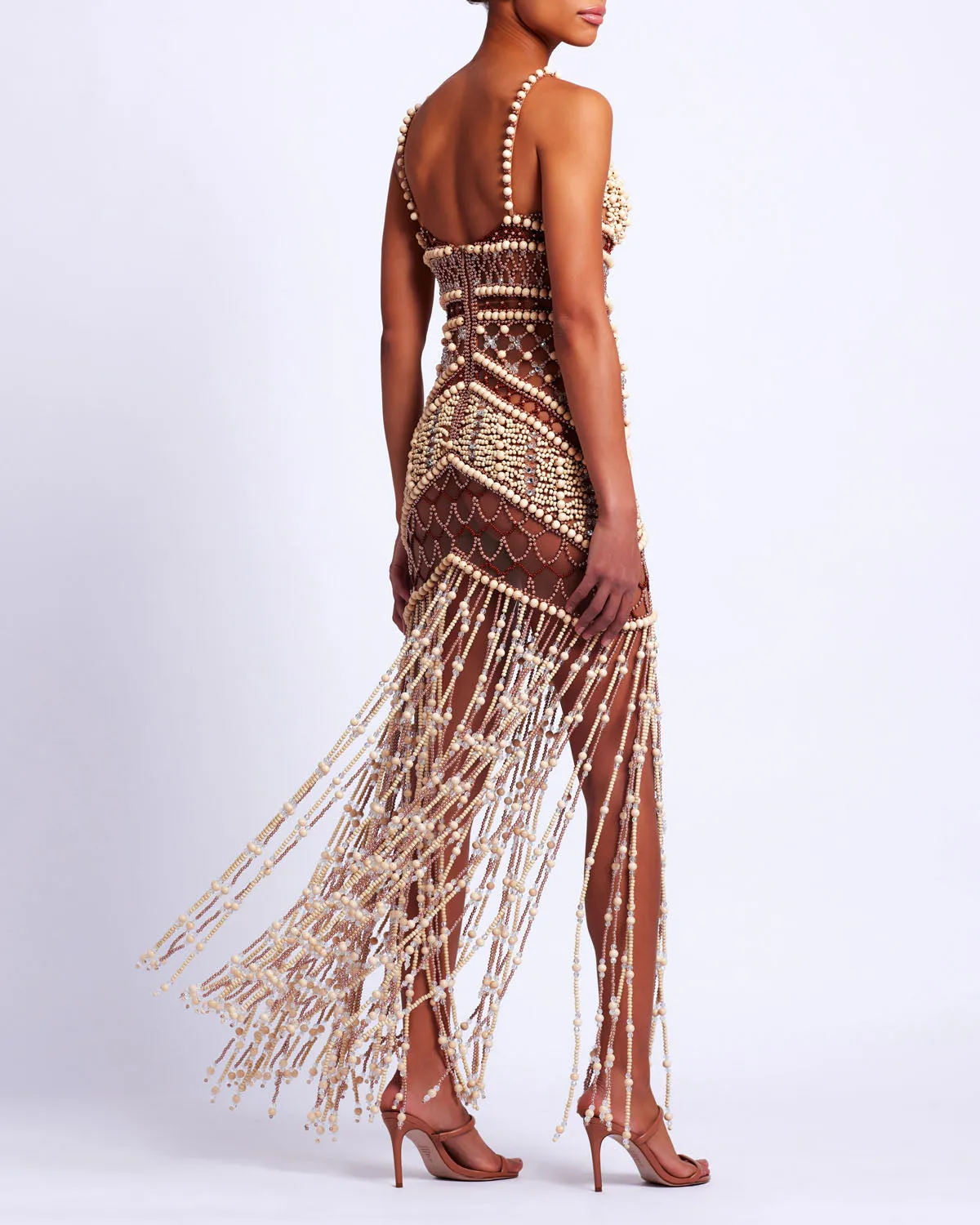 Wood and Crystal Beaded Gown