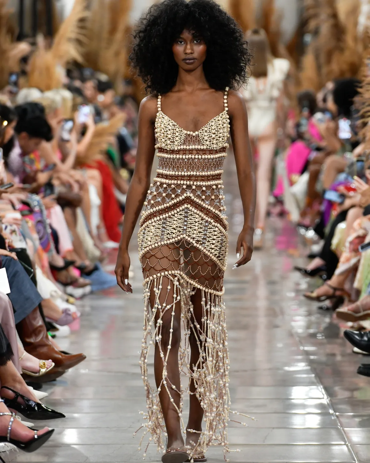 Wood and Crystal Beaded Gown