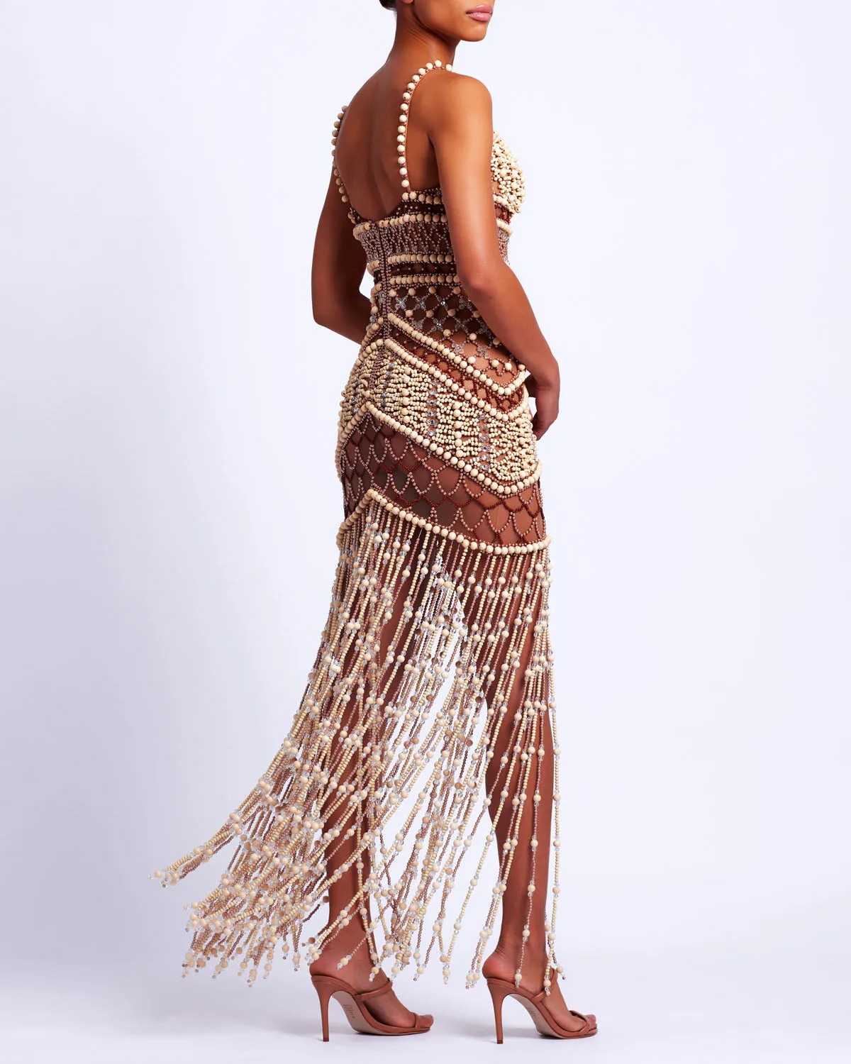 Wood and Crystal Beaded Gown