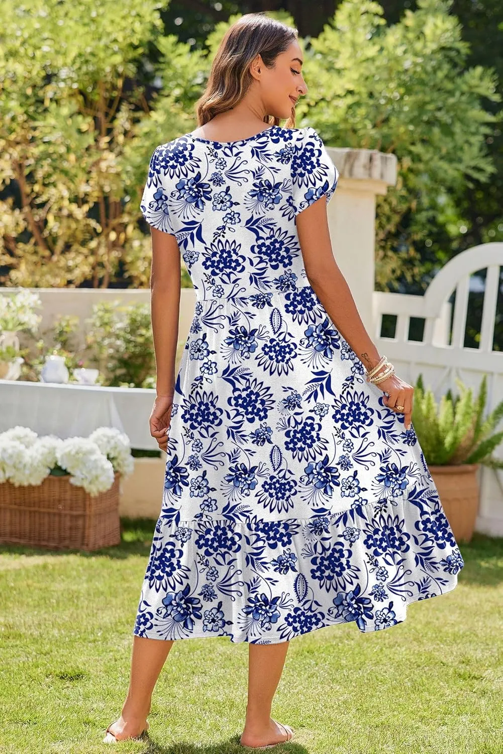 Zeagoo Midi A Line Dress Short Sleeve Casual Flowy Tiered Sundress