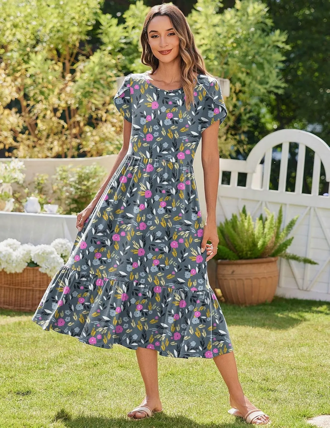 Zeagoo Midi A Line Dress Short Sleeve Casual Flowy Tiered Sundress