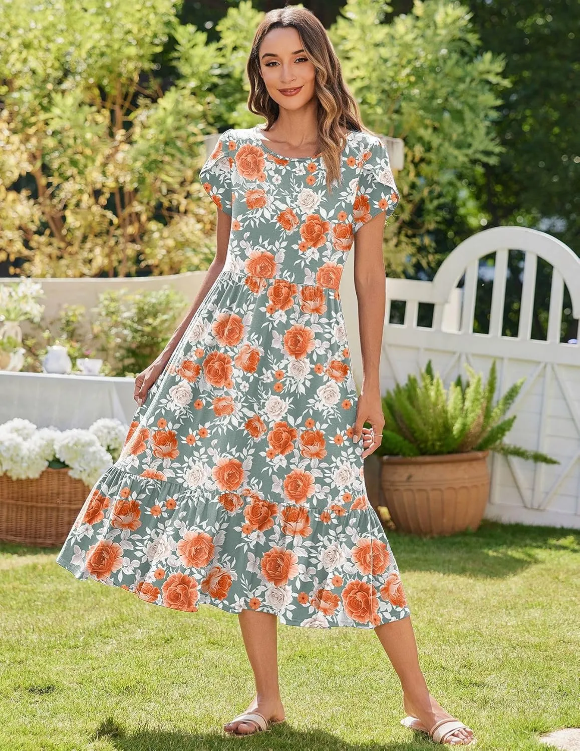 Zeagoo Midi A Line Dress Short Sleeve Casual Flowy Tiered Sundress